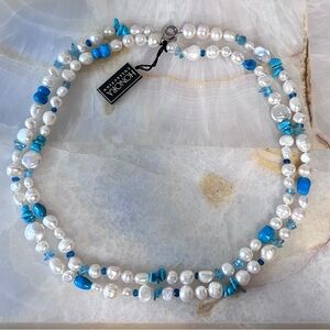 HONORA Genuine Pearl Turquoise Aquamarine Sterling Silver Long Necklace 925